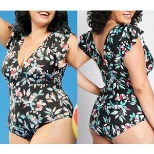 NEW NWT MODCLOTH The Kelsie One Piece Swimsuit Floral Black Blue Floral Padded S